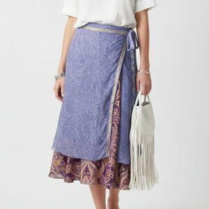 100% Silk Urban Nomad Print Wrap Tie Midi Mid Length Bohemian Skirt OS